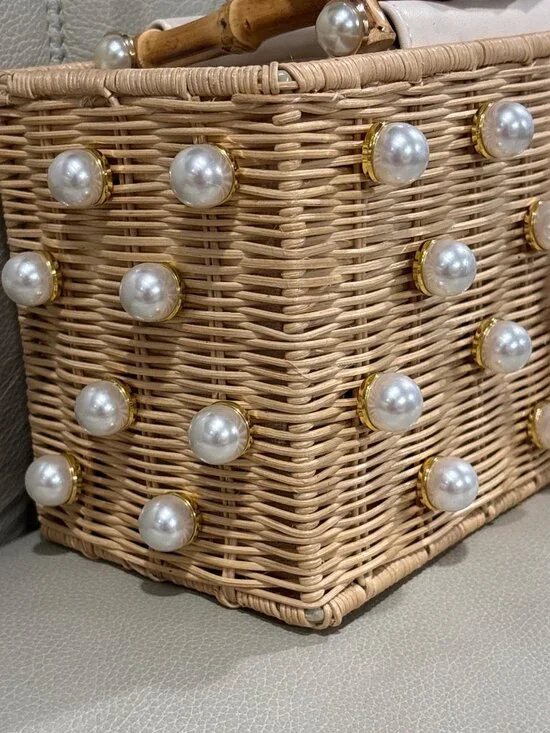 BTB Los Angeles Chloe Pearl Beaded Top-Handle Box Bag Handbag Raffia Tote Purse - Picture 6 of 14